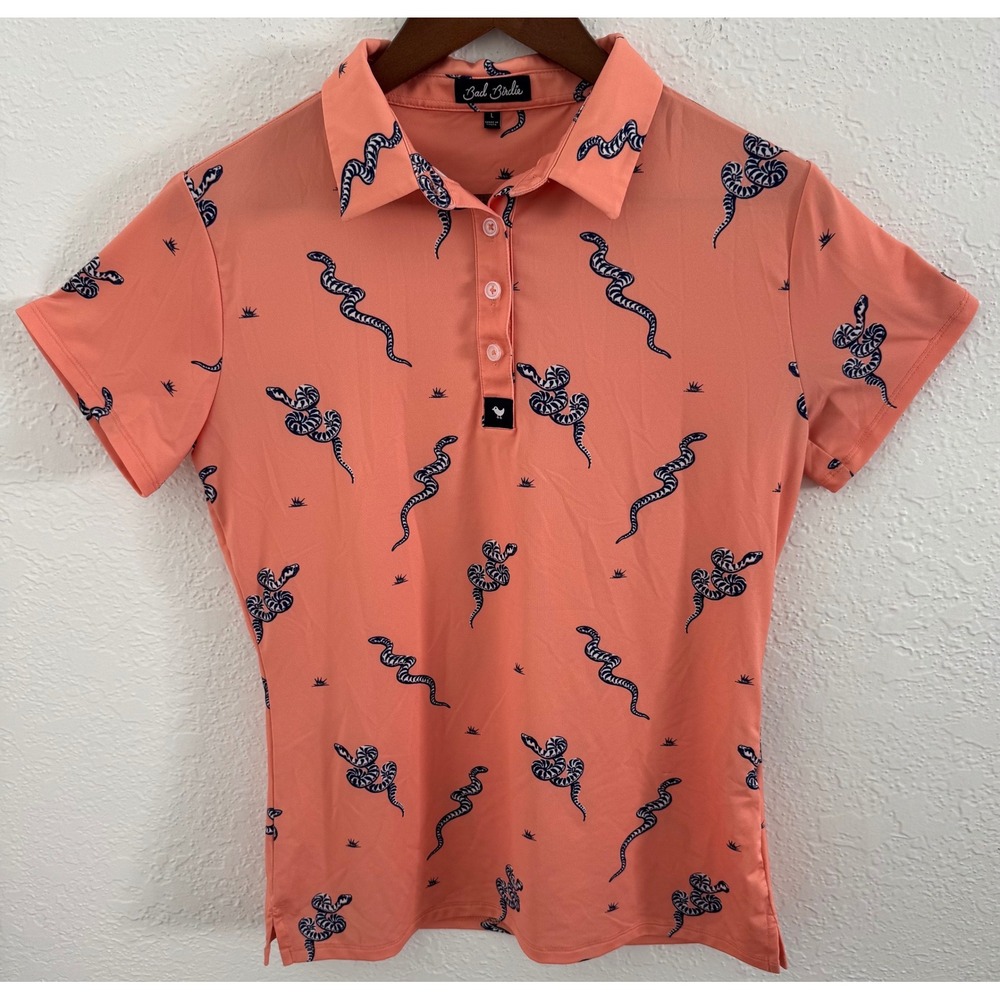 Bad Birdie Coral Polo with Navy Snake Print